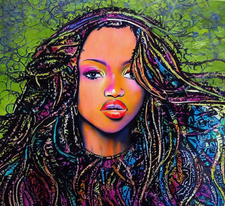 Colorful portrait of a woman with flowing dreadlocks on green background