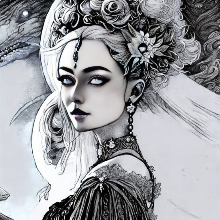 Detailed Gothic Woman Illustration in Greyscale Palette