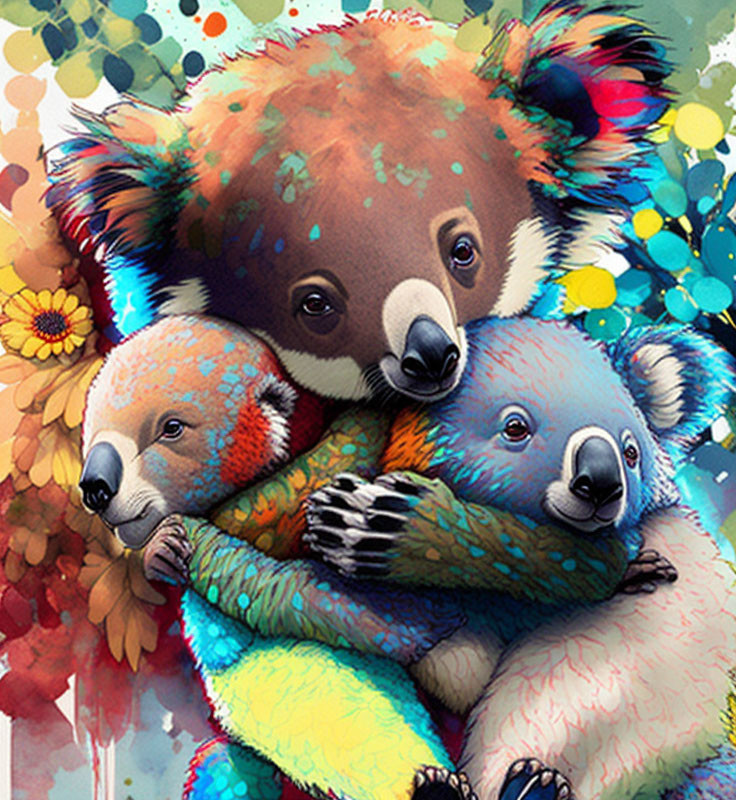 Colorful koalas embrace in abstract floral backdrop.