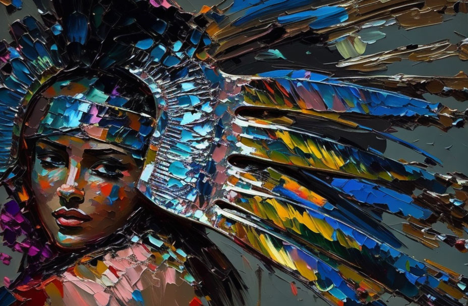 Vibrant abstract portrait of a woman with feather-like headdress