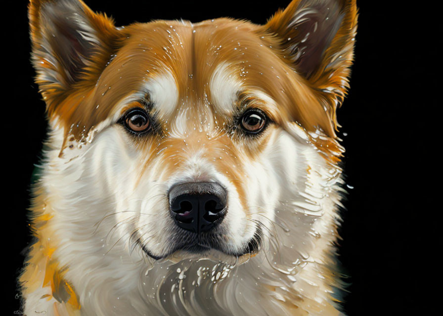 Realistic painting of brown and white dog with water droplets on fur