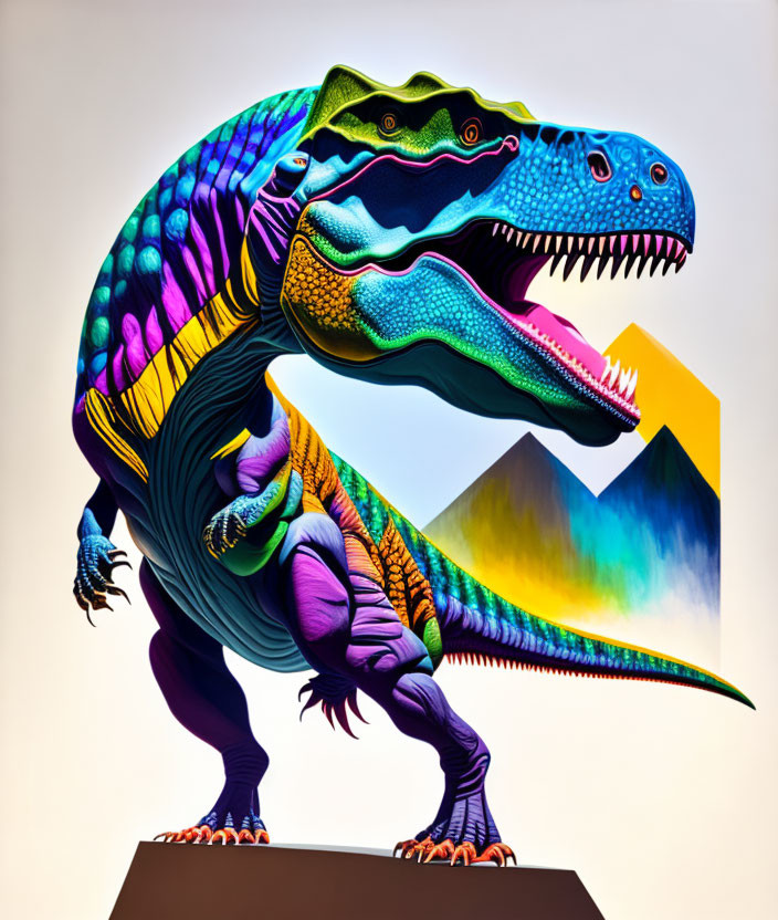 Colorful Tyrannosaurus Rex Illustration with Geometric Background