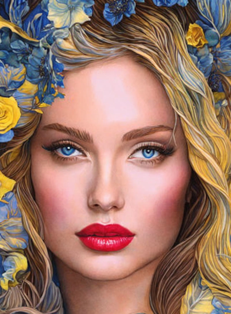 Woman Surrounded by Blue Flowers with Blue Eyes and Red Lips