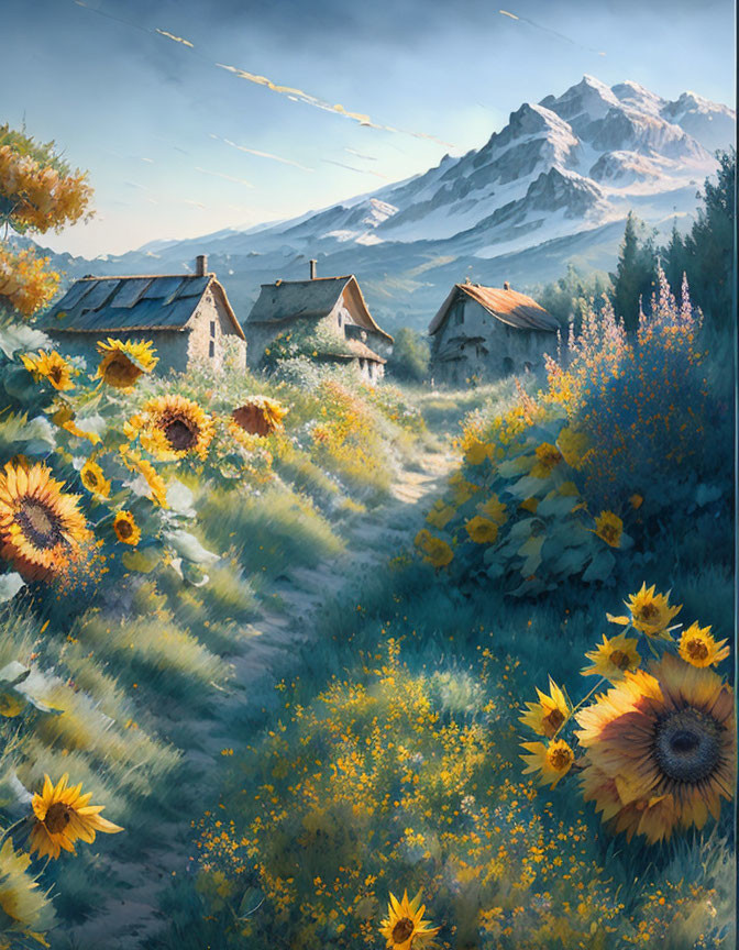 Stone houses, sunflower path, snow-capped mountains in rustic village