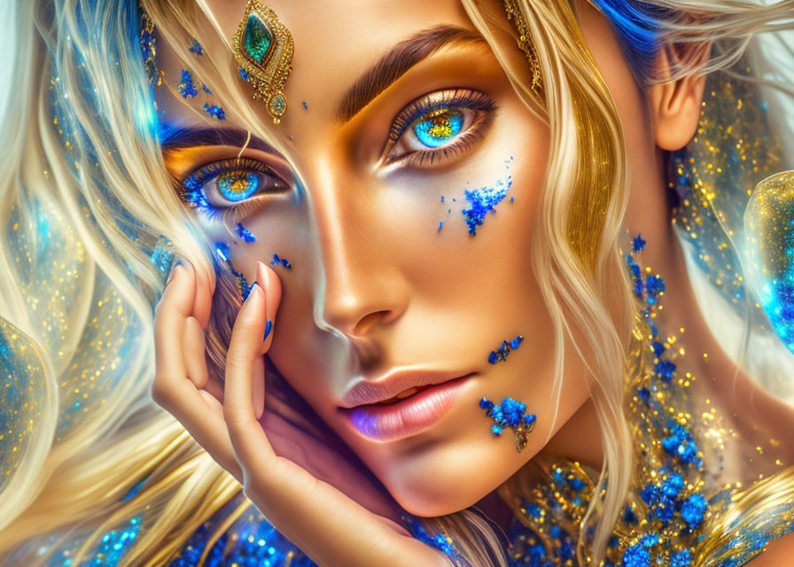 Fantasy portrait of a woman with blue eyes, golden hair, and blue glitter.