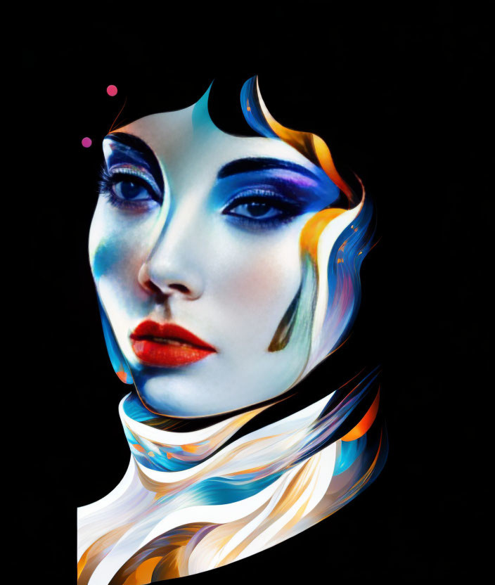 Stylized woman's face with vibrant blue and orange swirls, bold makeup, and colorful accents