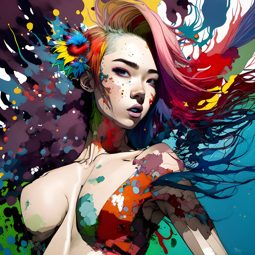 Colorful digital artwork: Woman with multicolored paint splash