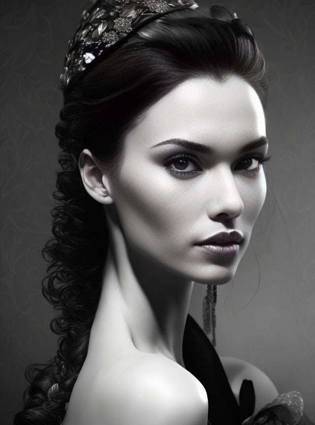 Monochrome portrait of woman with tiara, dark lipstick, intense gaze, and elegant hairstyle.