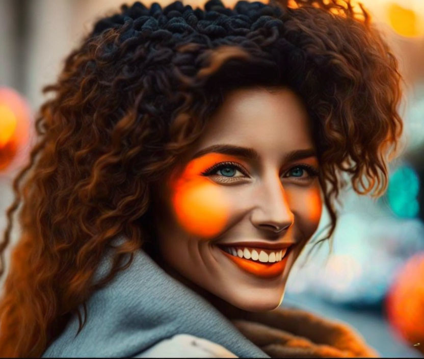 Curly-haired woman in coat with bright smile against city lights.