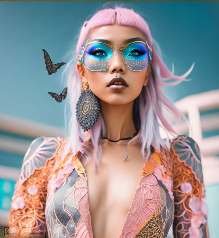 Lavender-haired woman with ornate sunglasses, butterflies, and floral tattoo design