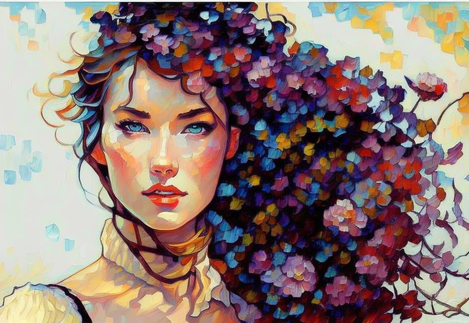 Vibrant digital painting of a woman with flower-adorned hair