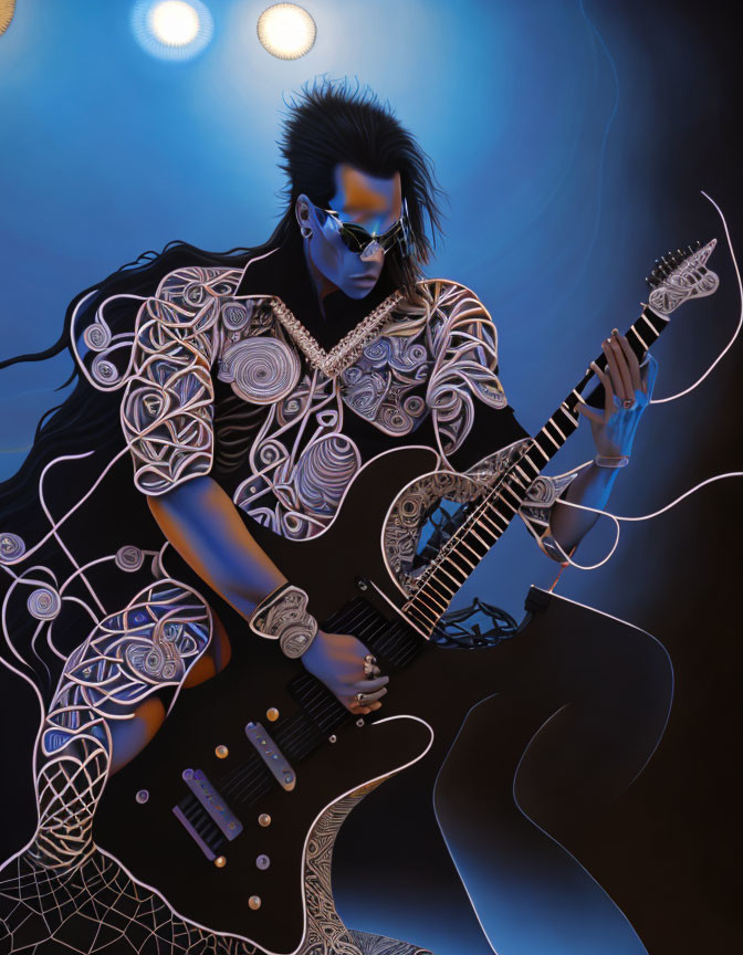 Illustration of person with tattoo patterns playing guitar in blue backdrop