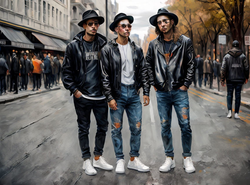 Stylish men in leather jackets and hats on city street with autumn trees