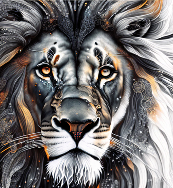 Detailed Lion Face Illustration: Realism & Abstract Patterns in Monochrome with Orange Accents