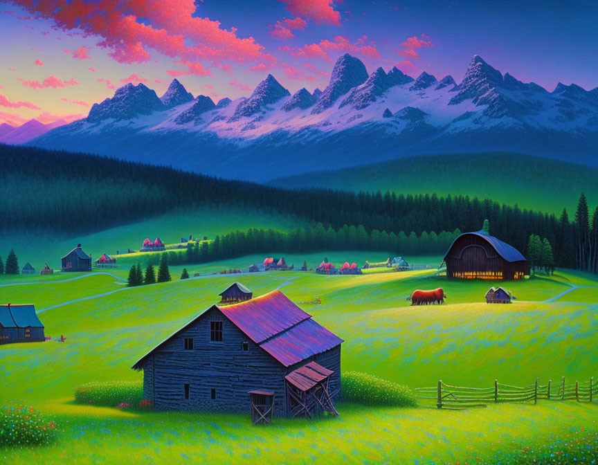 Colorful Rural Landscape Painting at Dusk with Glowing Houses and Mountains