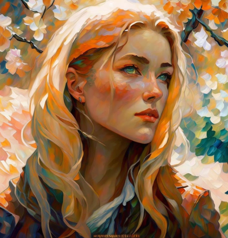 Blonde Woman with Blue Eyes Surrounded by Autumn Leaves