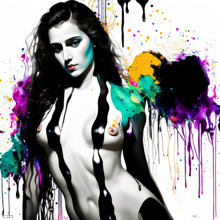 Colorful paint splatter portrait of a woman on white background