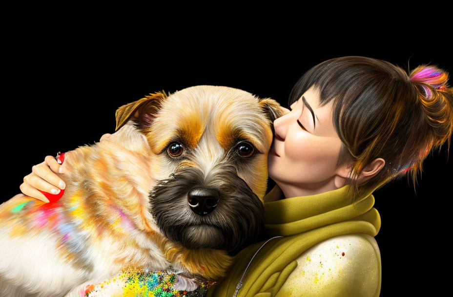 Colorful Dog Receives Affectionate Kiss on Black Background