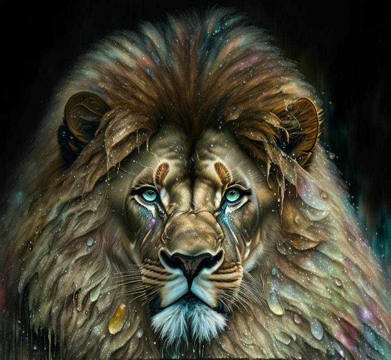 Detailed Painting of Lion's Face with Water Droplets