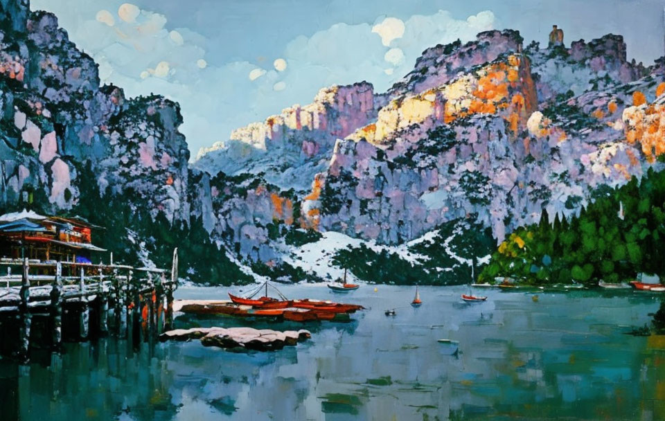 Tranquil lake scene with red boats, dock, lush trees, cliffs at dusk