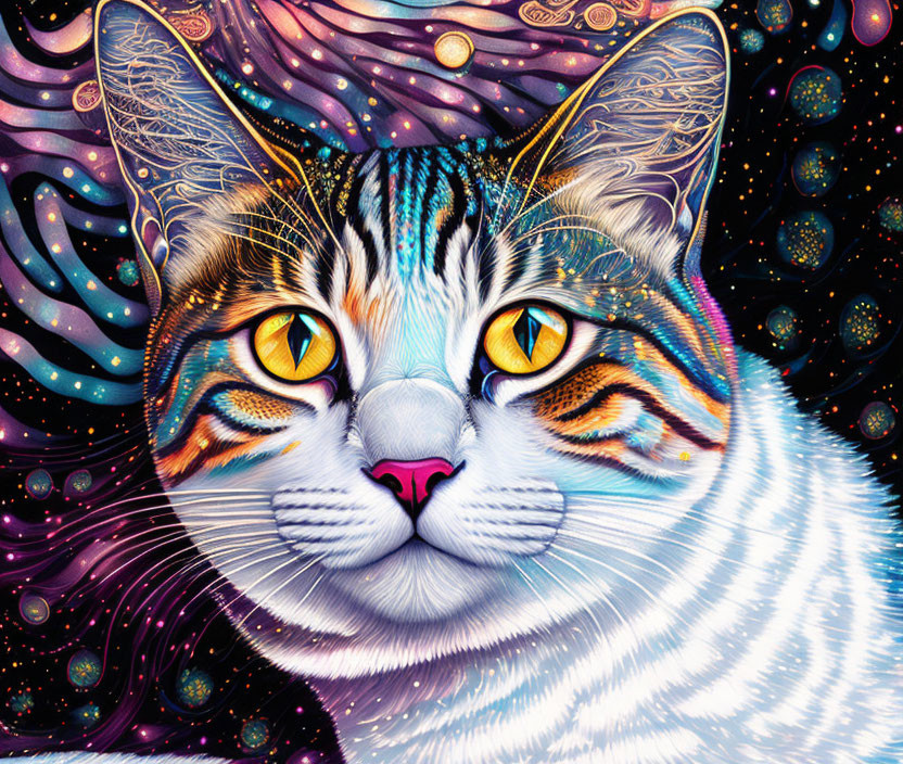 Vivid Cat Illustration with Yellow Eyes and Psychedelic Patterns