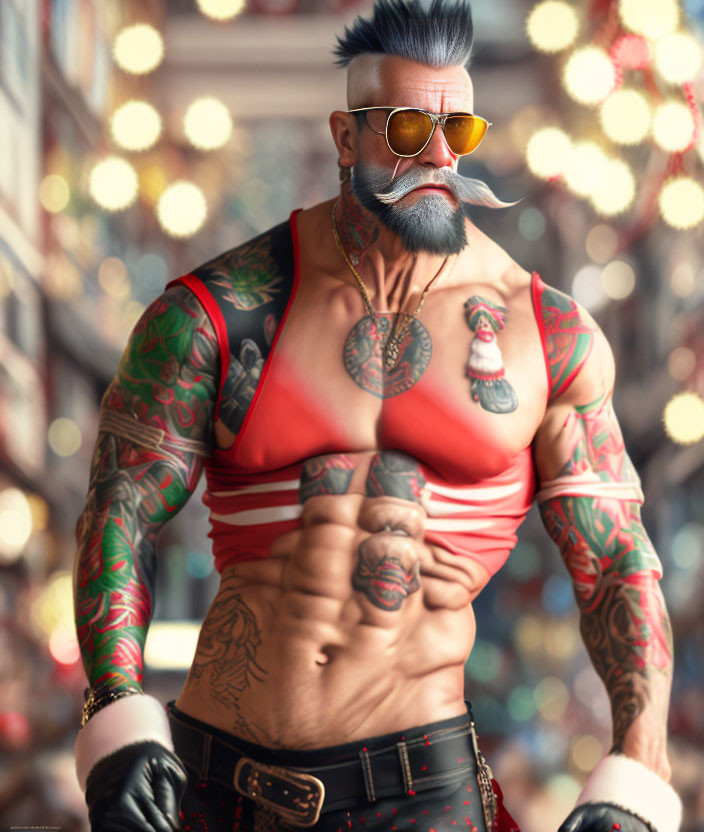 Tattooed shirtless male with sunglasses and punk-style belt