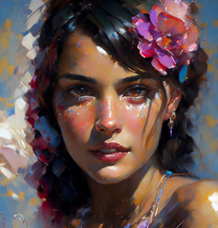 Intense gaze woman portrait with flower, sunlit complexion & impressionist brushstrokes