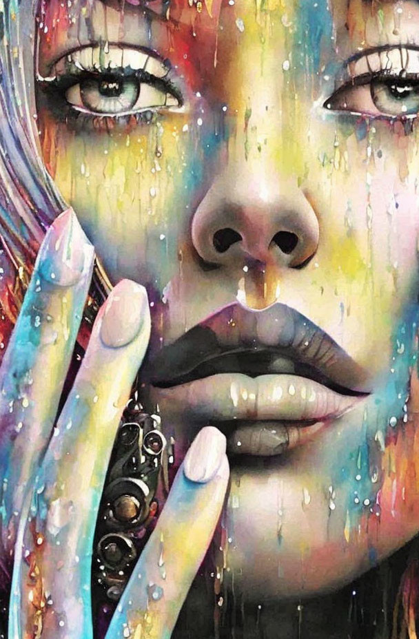 Vibrant painting of a tearful woman with hand on lips