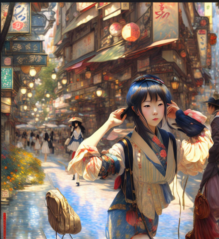 Young woman with blue hair in traditional attire on vibrant city street.