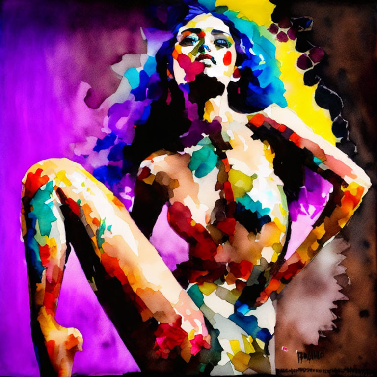 Colorful watercolor painting: seated figure, abstract multicolored patches, purple backdrop