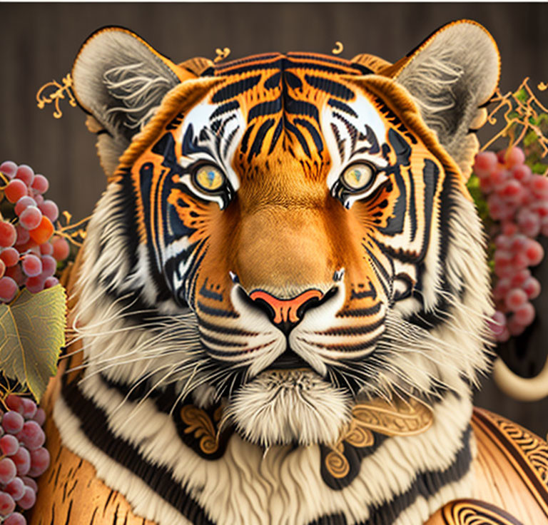 Vivid tiger portrait with intricate patterns on wooden backdrop