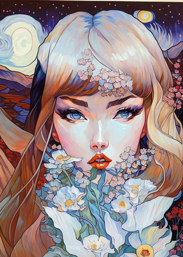 Stylized portrait of woman with blue eyes and floral headpiece in cosmic background