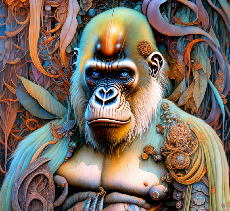 Detailed Mandrill Illustration with Ornamental Designs and Foliage