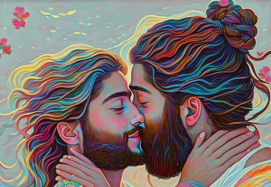 Vibrant digital art: Bearded man and woman embrace in floral setting