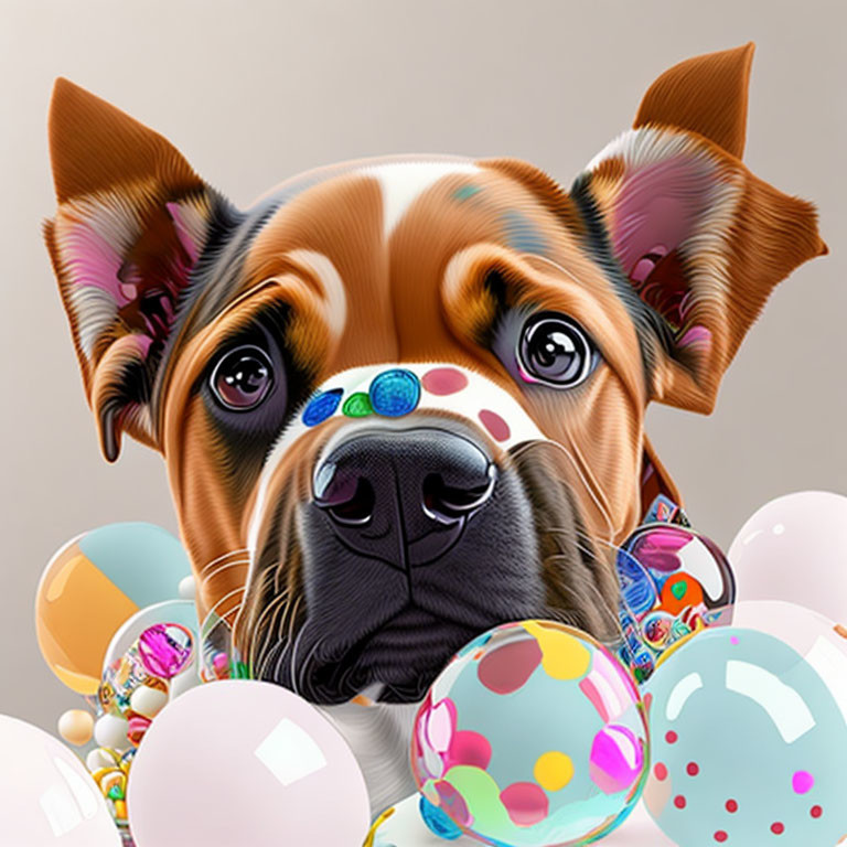 Stylized dog with expressive eyes and colorful balloons on neutral background