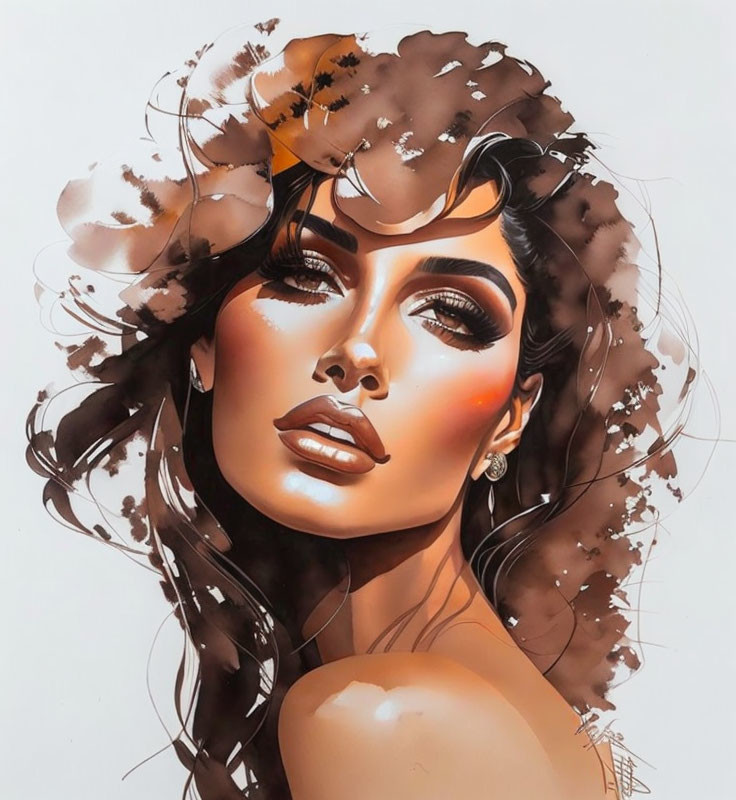 Detailed Illustration of Woman with Curly Brown Hair and Paint Splashes