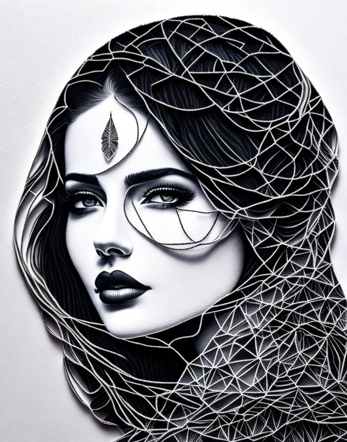 Stylized monochrome artwork of a woman's face with intricate patterns and leaf motif