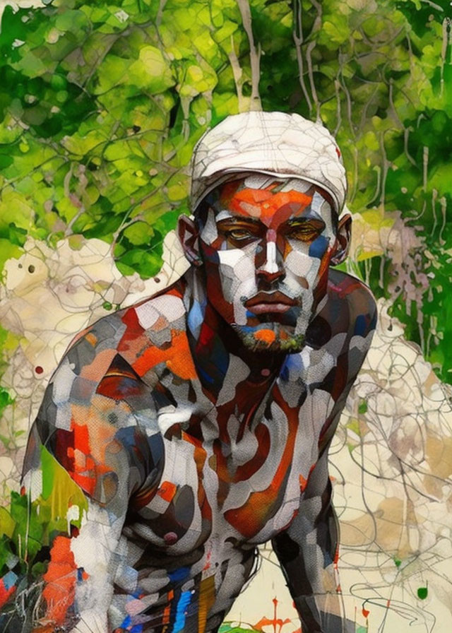 Abstract painting: person with camouflage patterns against green foliage