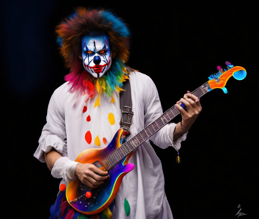 Colorful Clown Playing Electric Guitar on Dark Background