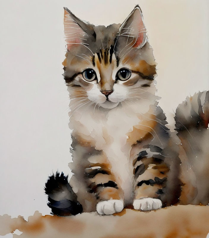 Tabby Kitten Watercolor Painting with Black Stripes and White Chest