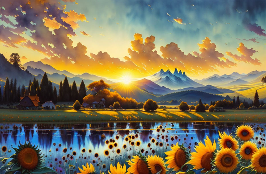 Colorful sunset over mountain range with sunflowers and lake