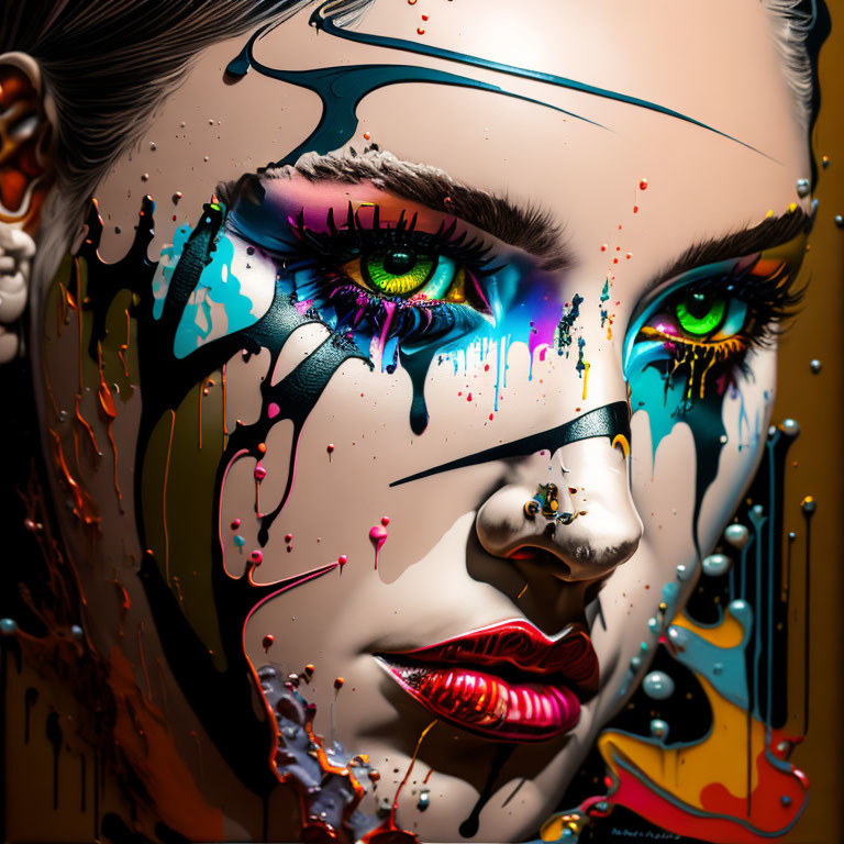 Vibrant Woman's Face with Colorful Paint Drips and Green Eyes