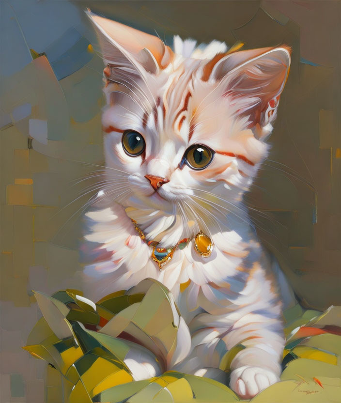 Fluffy white and orange kitten with gold bell collar beside green leaves