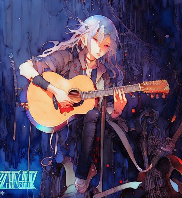 Elf-like character playing guitar on dark blue background with red flowers