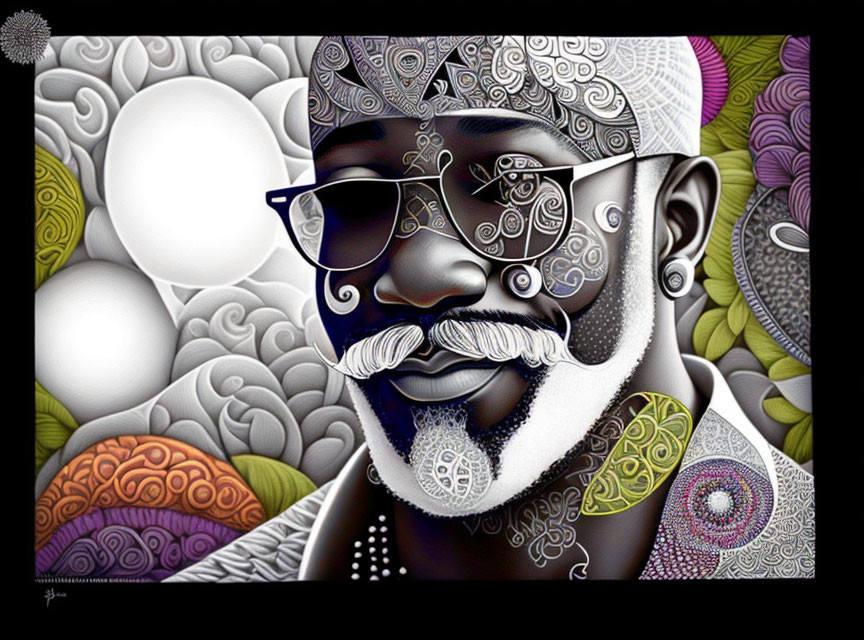 Monochrome skin pattern person with decorated beard and glasses in intricate backdrop