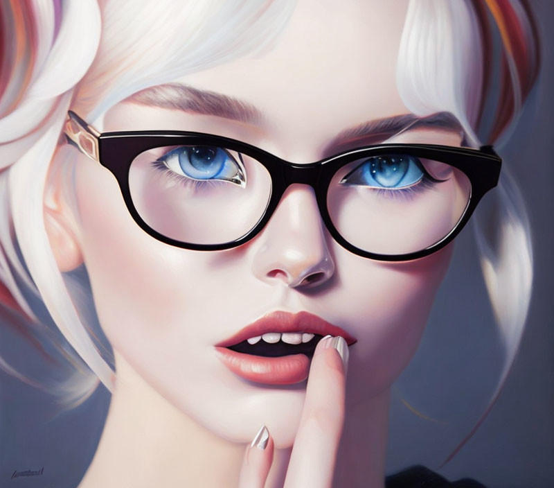 Hyper-realistic illustration: Woman with blue eyes, glasses, finger on lips