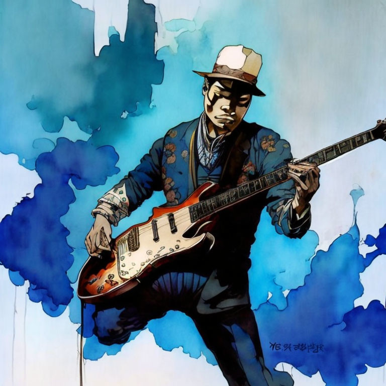 Man in Hat Playing Electric Guitar with Blue Watercolor Background