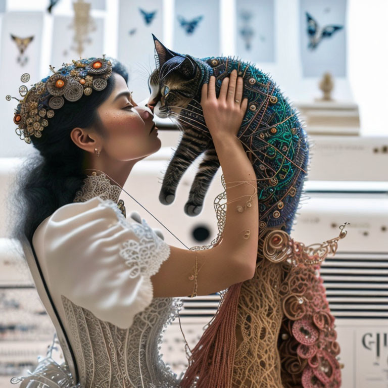 Woman in ornate headpiece nuzzling tabby cat in decorated interior