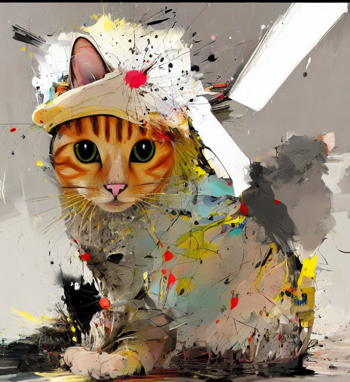 Colorful digital art: Cat with splattered paint effects and green eyes wearing painter's hat