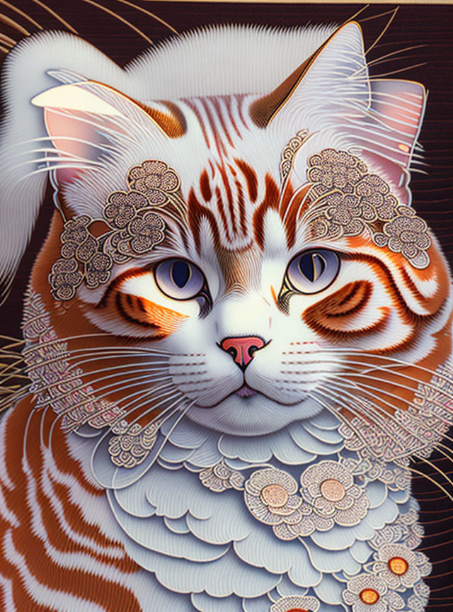 Detailed cat illustration with expressive eyes and intricate lace patterns.